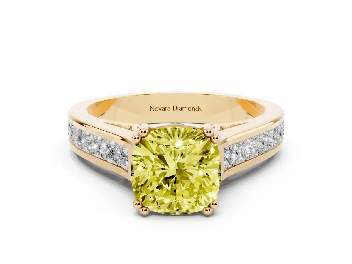 Fancy Yellow Cushion Cut Diamond Channel Set Solitaire Engagement Ring Set in Yellow gold with Prong Setting