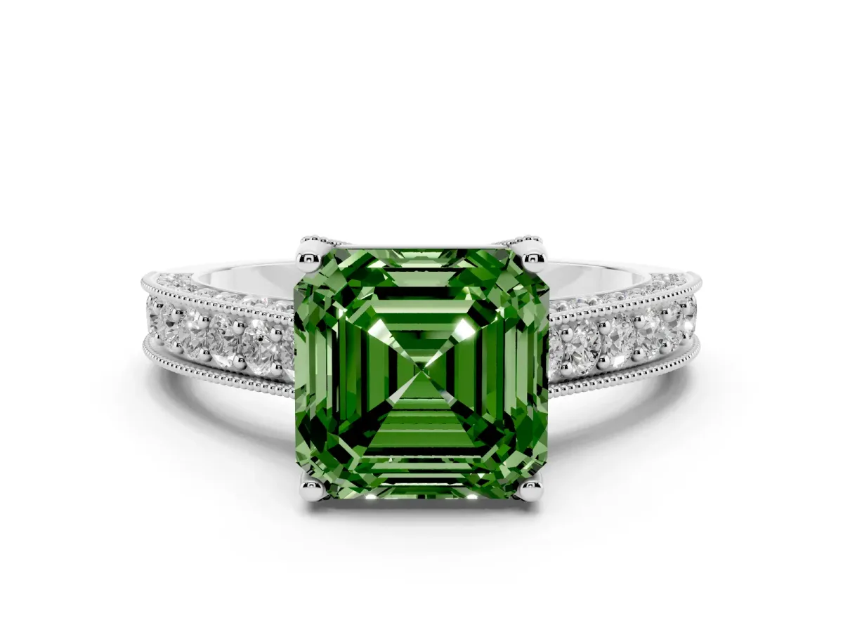 Fancy Green Asscher Cut Diamond Solitaire Ring Set in White gold with Milgrain-Edged Pavé Band and Prong Setting