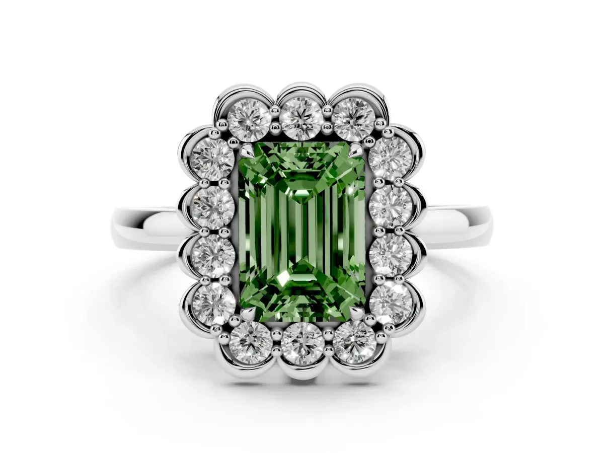 Fancy Green Emerald Cut Diamond Halo Cluster Engagement Ring Set in Platinum with Solitaire Band and Prong Setting