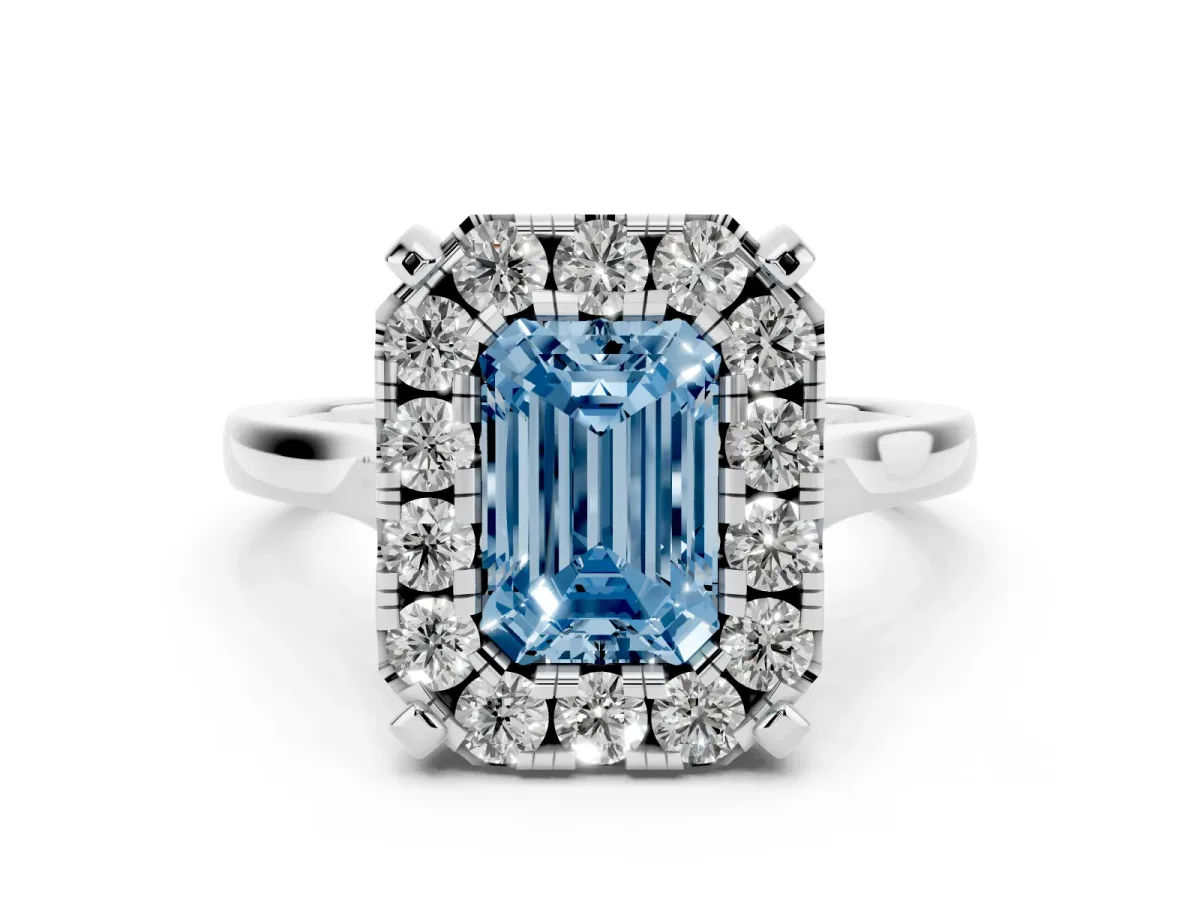 Fancy Blue Emerald Cut Diamond Cluster Halo Solitaire Ring Set in Platinum with Prong Setting