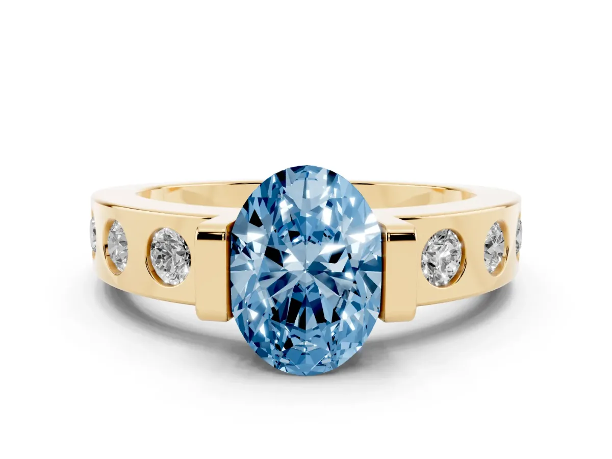 Fancy Blue Oval Cut Diamond Channel-Set Band Ring Set in Yellow gold with Bezel Prong Setting
