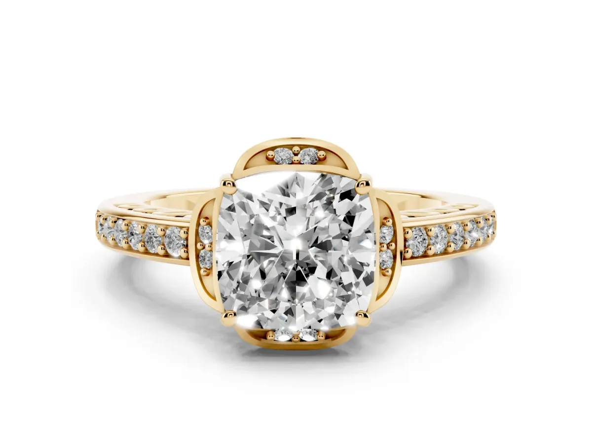 Cushion Cut Diamond Halo Ring Set in Yellow gold with Channel Set Band and Prong Setting