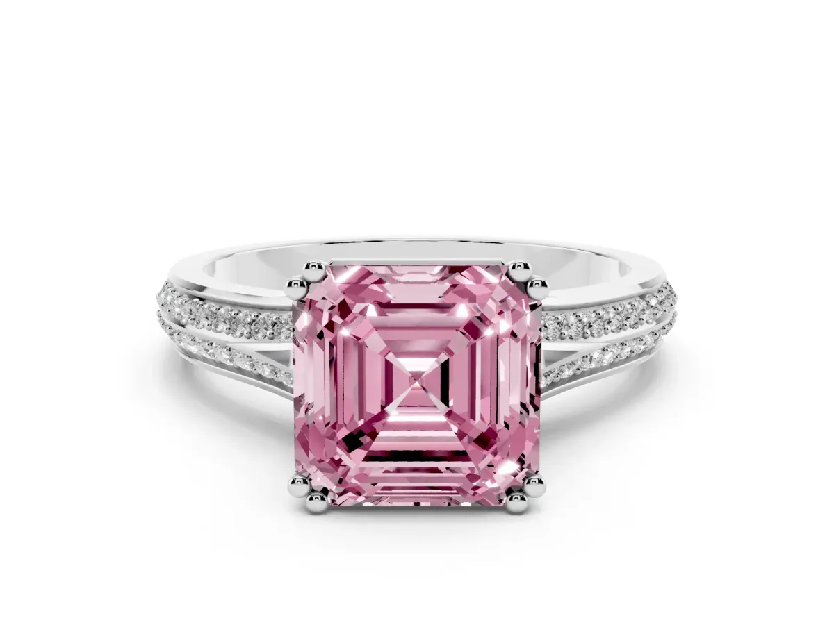 Fancy Pink Asscher Cut Diamond Split Shank Pavé Engagement Ring Set in White gold with Prong-Set Center Stone