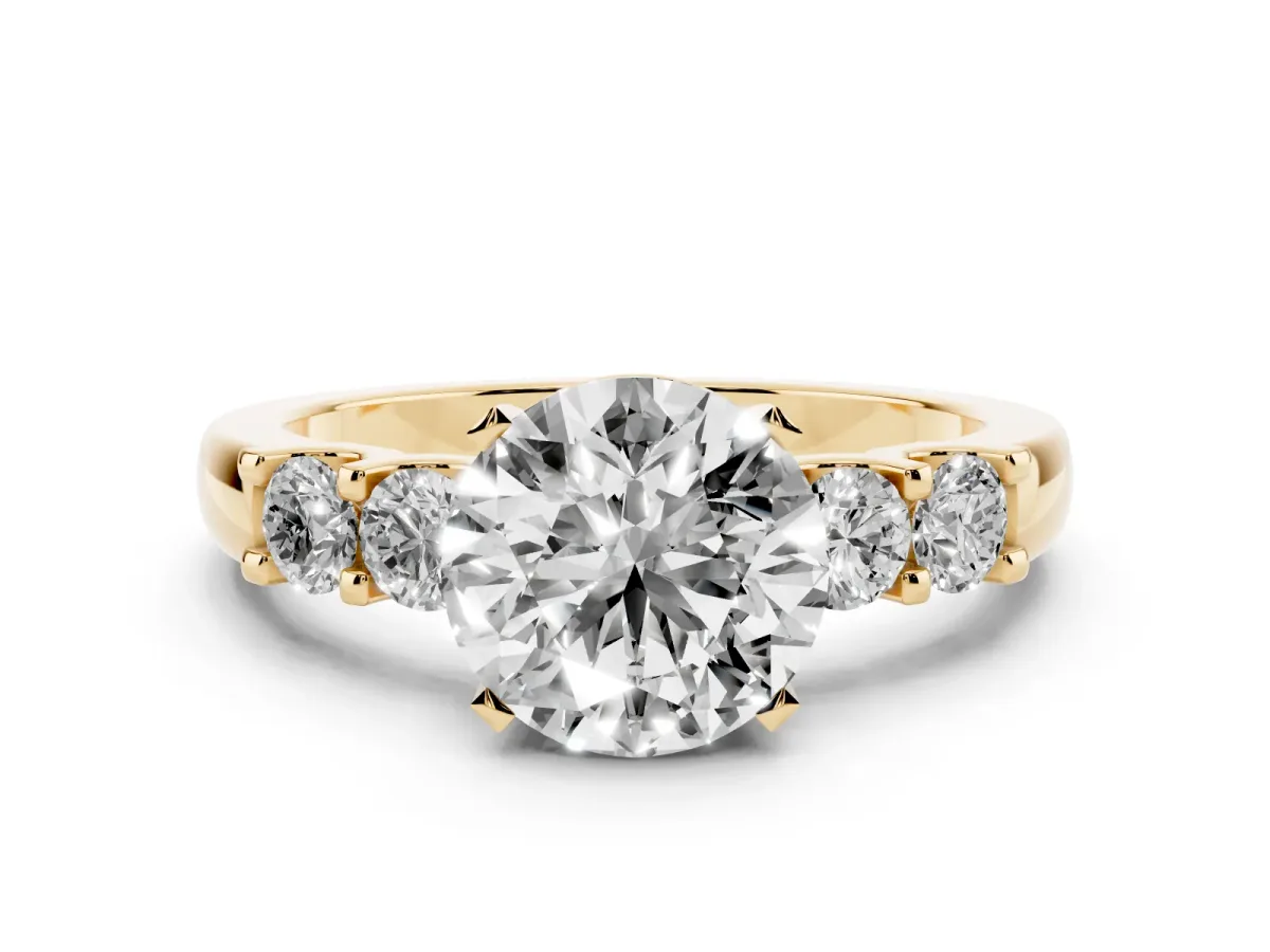 Round Cut Diamond Five-Stone Prong Set Engagement Ring Set in Yellow gold with Channel Band