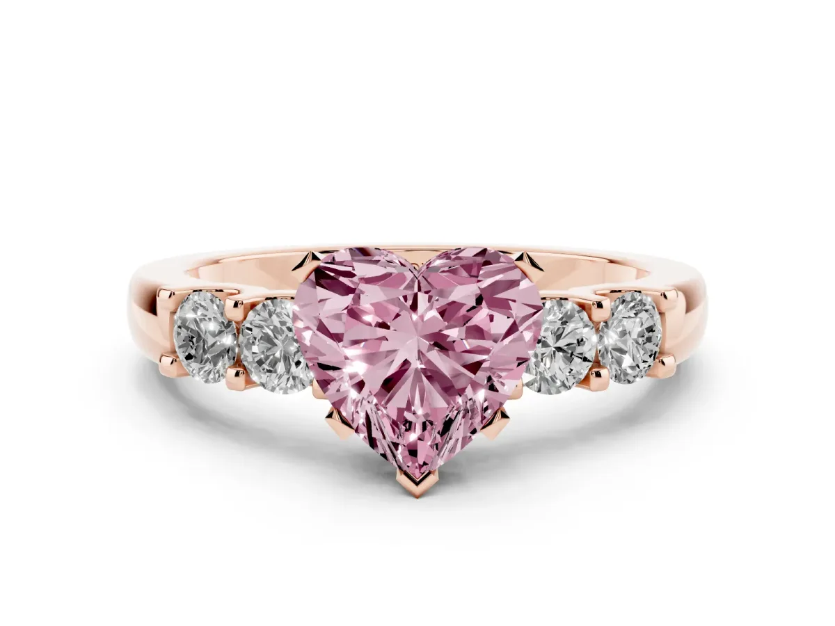 Fancy Pink Heart Cut Diamond Five-Stone Prong Set Engagement Ring Set in Rose gold with Channel Band