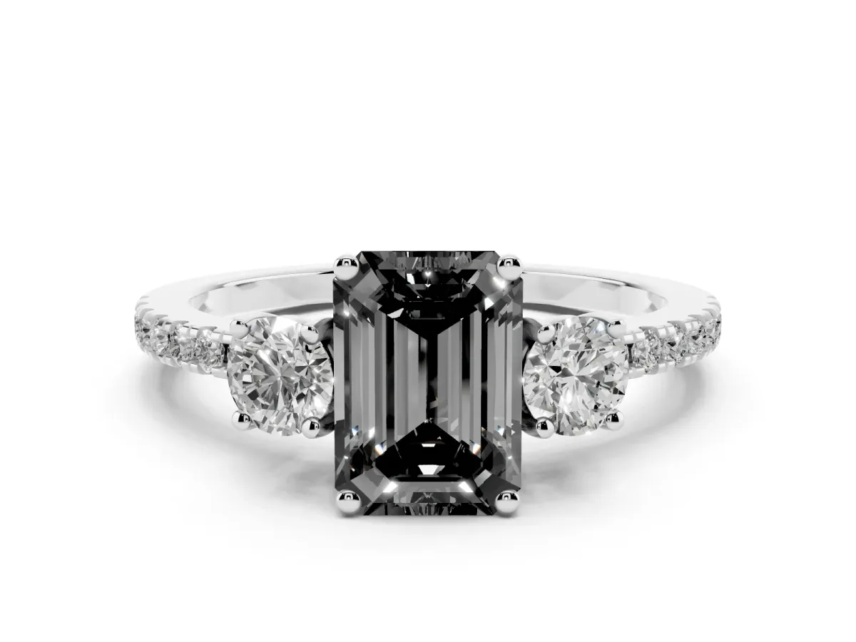 Fancy Black Emerald Cut Diamond Three-Stone Ring Set in White gold with Pavé Band and Graduated Sides