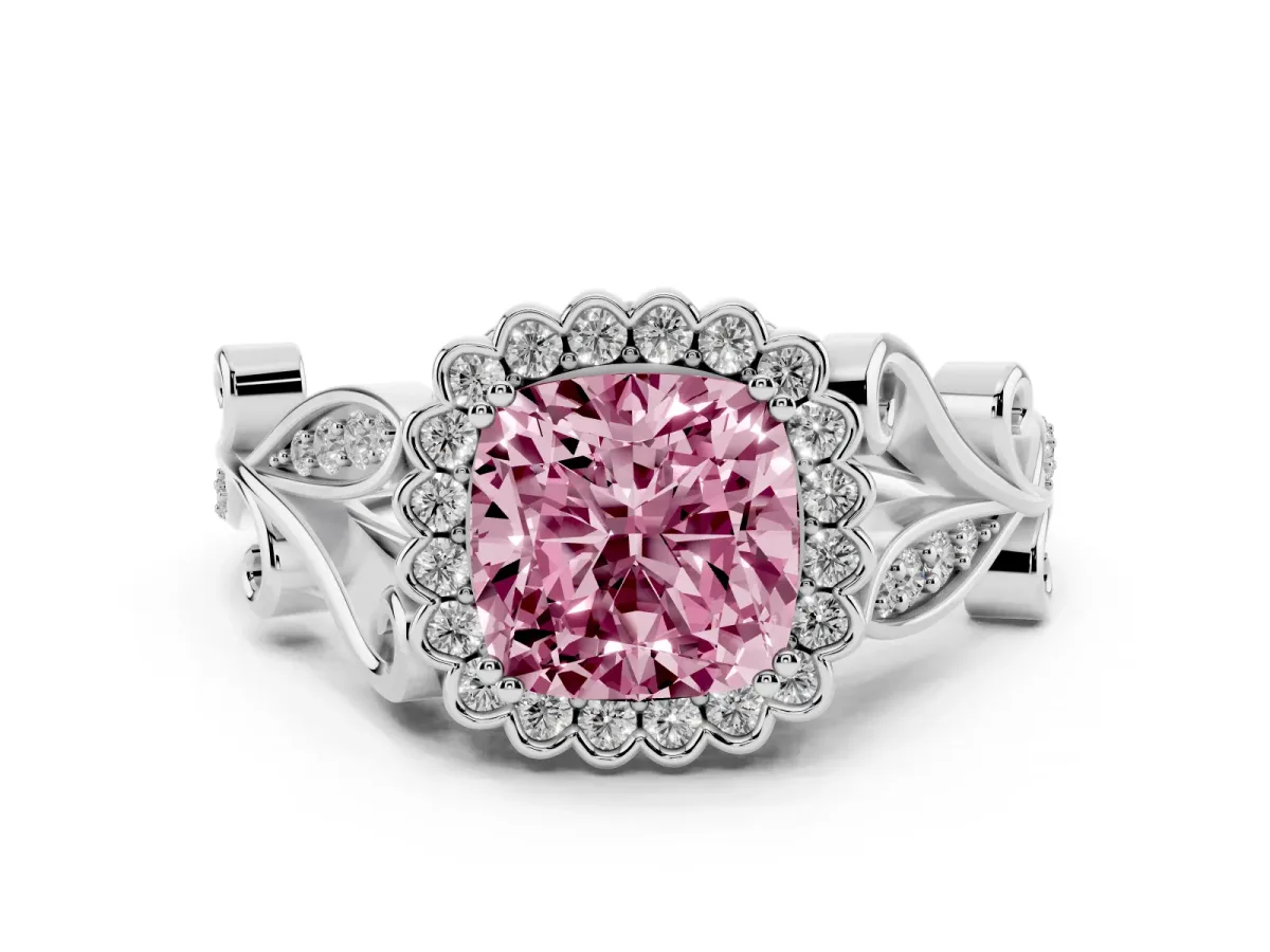 Fancy Pink Cushion Cut Diamond Halo Ring Set in Platinum with Leaf Motif Split Shank and Prong Setting