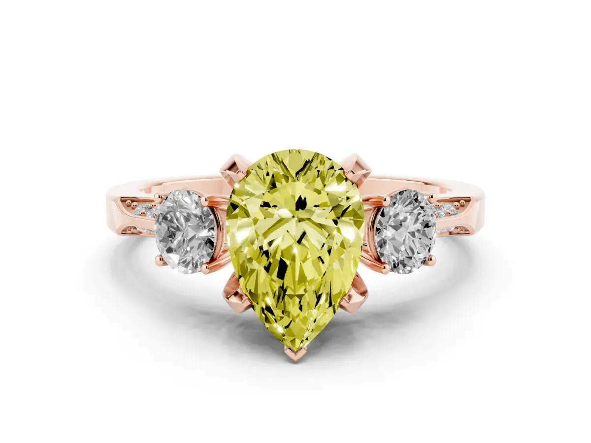 Fancy Yellow Pear Cut Diamond Three-Stone Ring Set in Rose gold with Pavé Band and Smaller Side Stones