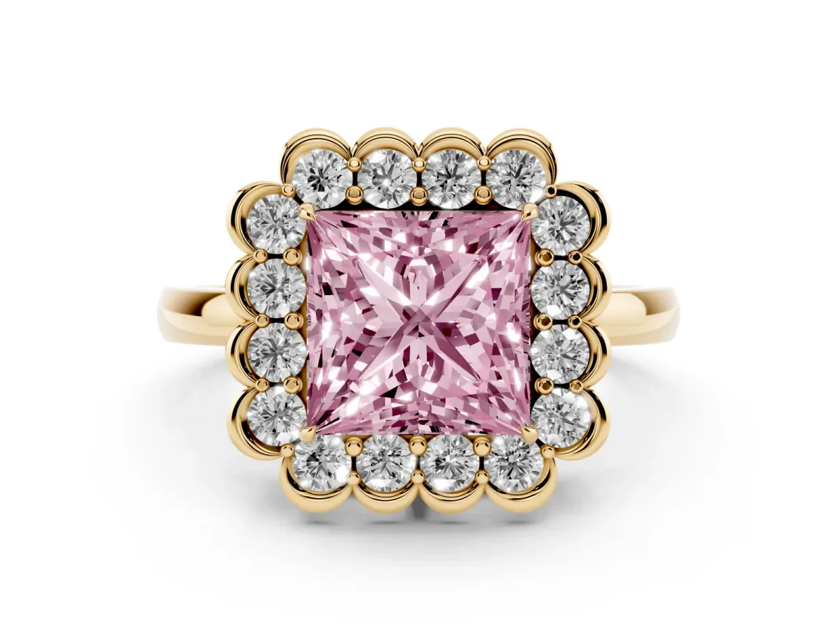 Fancy Pink Princess Cut Diamond Halo Cluster Engagement Ring Set in Yellow gold with Solitaire Band and Prong Setting