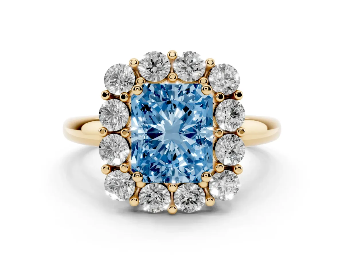 Fancy Blue Radiant Cut Diamond Halo Cluster Engagement Ring Set in Yellow gold with Polished Band and Prong Setting