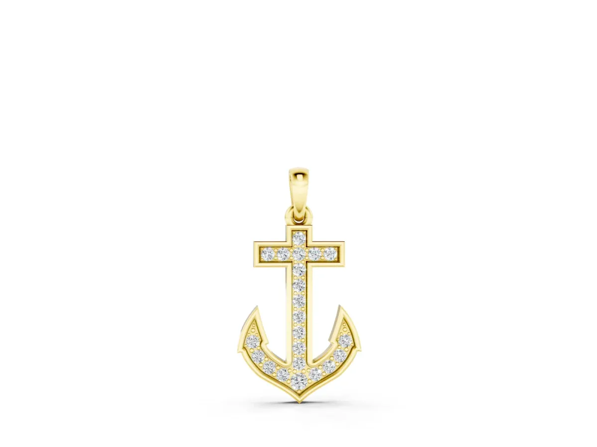 Pavé Round Diamond Anchor Pendant Set in Yellow gold with Four-Prong Setting