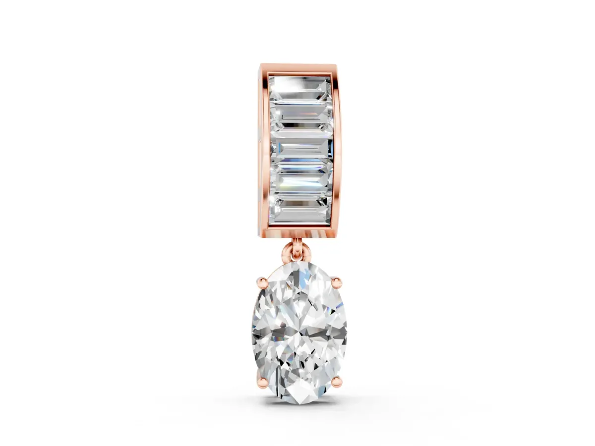 Oval and Baguette Diamond Drop Pendant Set in Rose gold with Baguette-Accented Bail