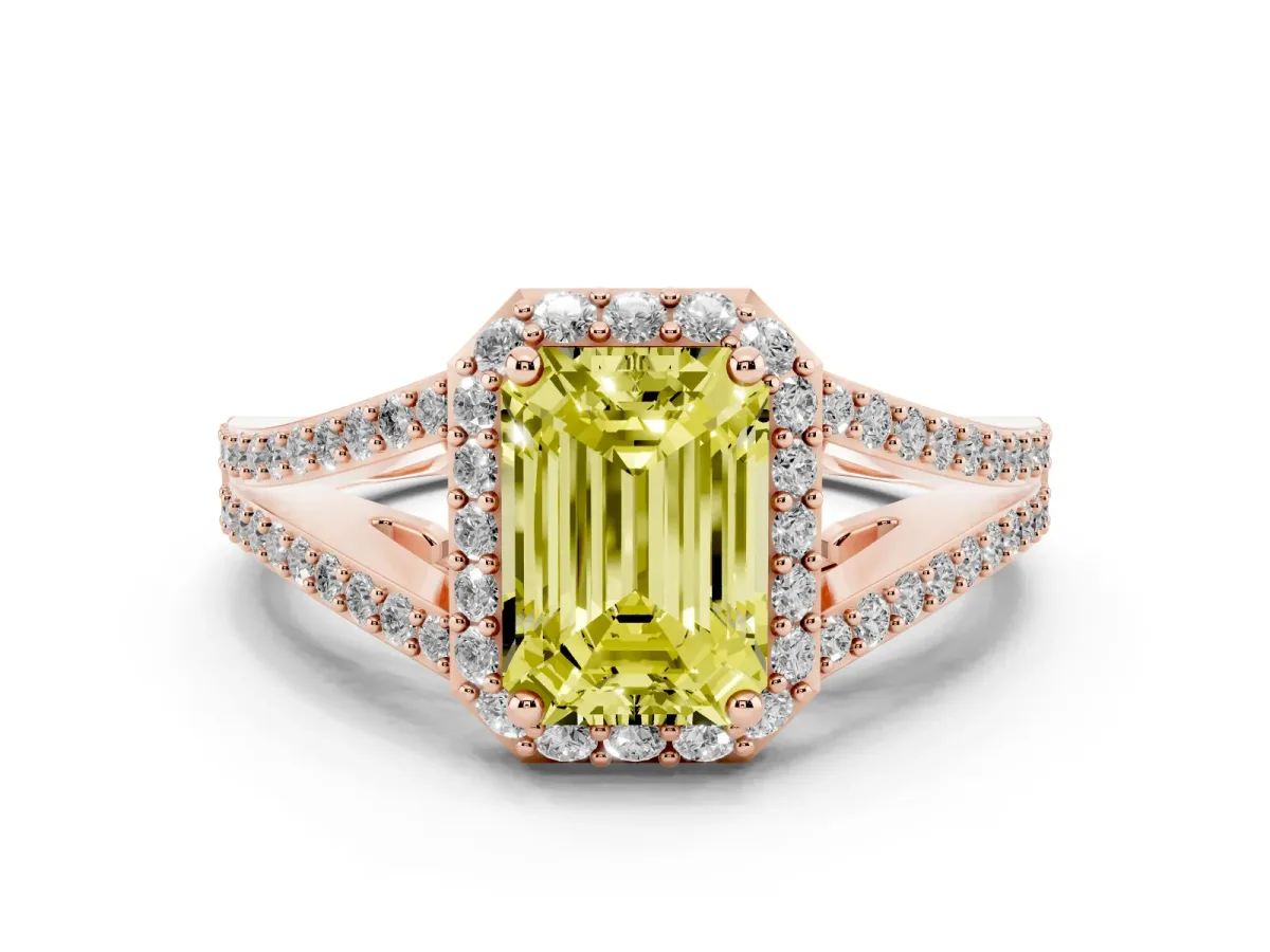 Fancy Yellow Emerald Cut Diamond Halo Split Shank Pavé Ring Set in Rose gold with Prong Setting