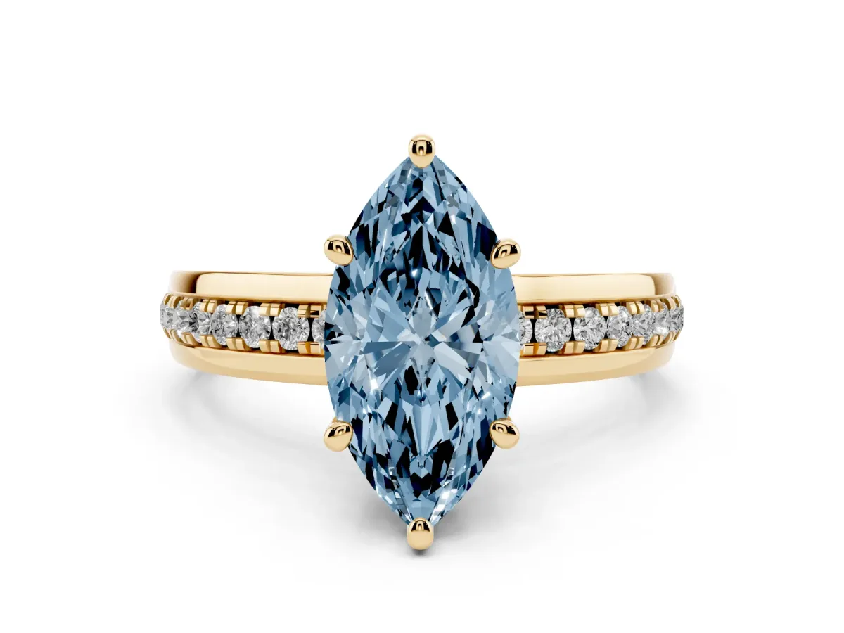 Fancy Blue Marquise Cut Diamond Solitaire Ring Set in Yellow gold with Channel Set Band and Prong Setting