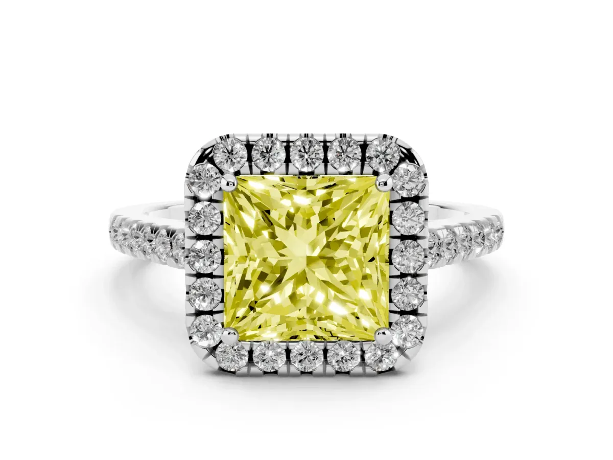Fancy Yellow Princess Cut Diamond Pavé Halo Engagement Ring Set in White gold with Pavé Band and Prong Setting