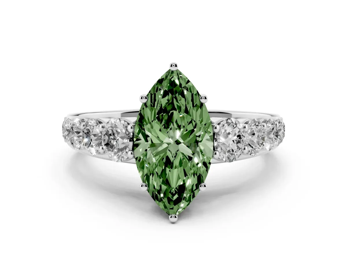 Fancy Green Marquise Cut Diamond Solitaire Ring Set in White gold with Pavé-Set Band and Prong Setting