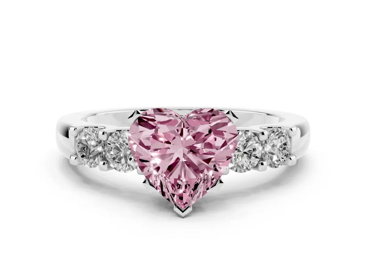 Fancy Pink Heart Cut Diamond Five-Stone Prong Set Engagement Ring Set in Silver with Channel Band