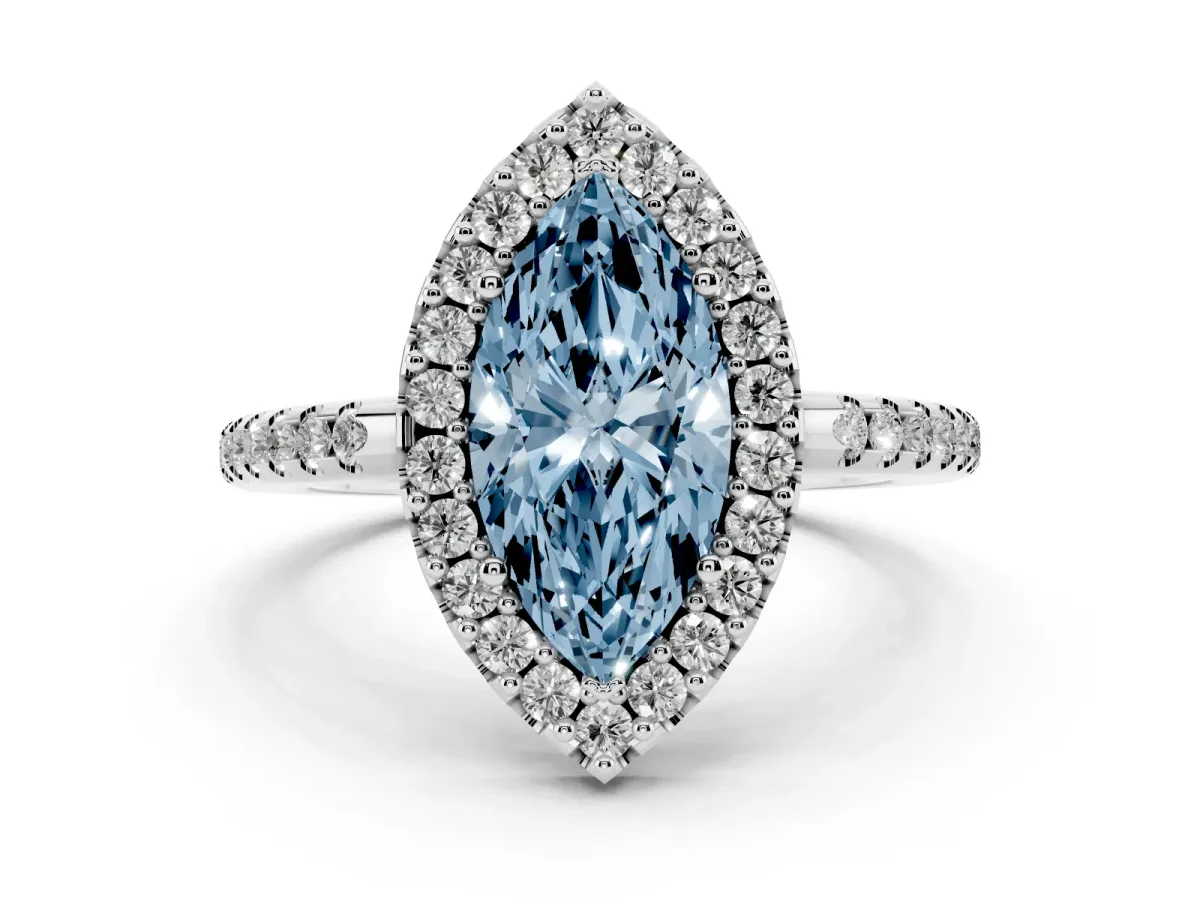 Fancy Blue Marquise Cut Diamond Pavé Halo Ring Set in White gold with Prong Setting