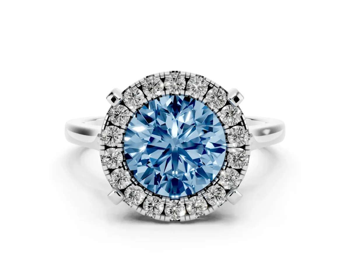 Fancy Blue Round Cut Diamond Cluster Halo Solitaire Ring Set in Platinum with Prong Setting