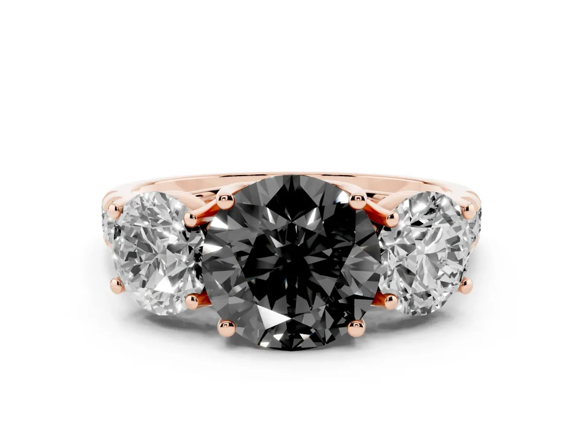 Fancy Black Round Cut Diamond Three-Stone Ring Set in Rose gold with Pavé Band