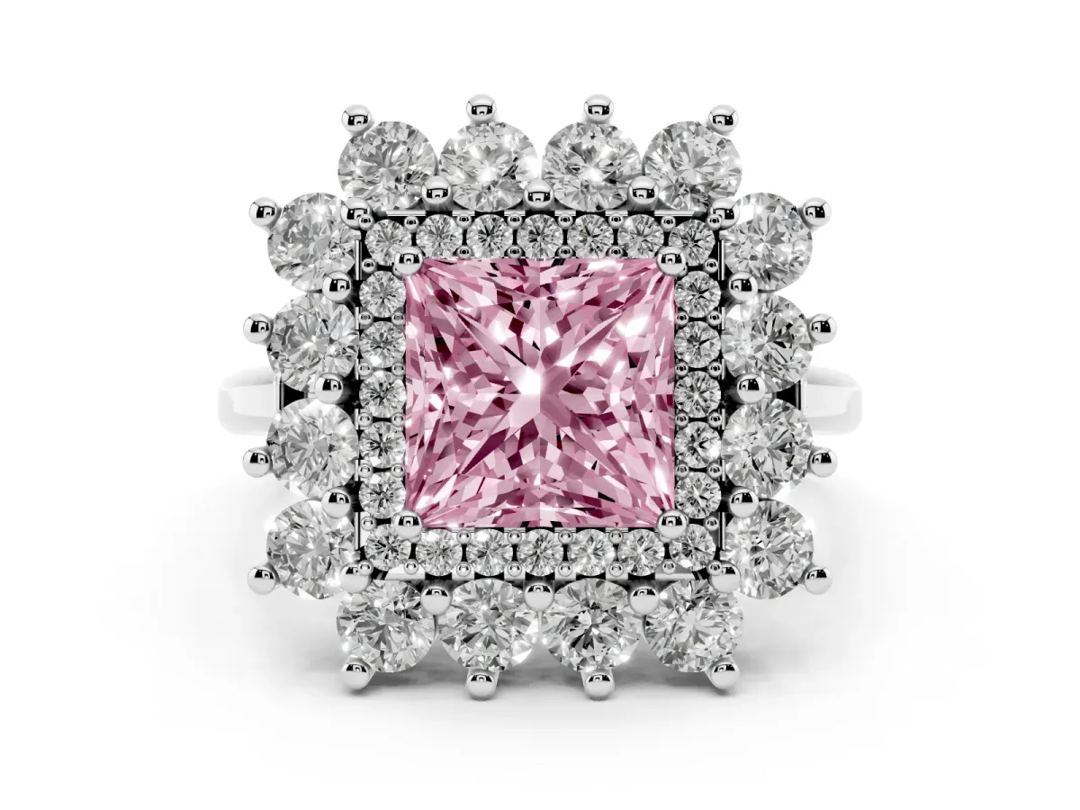 Fancy Pink Princess Cut Diamond Floral Double Halo Ring Set in White gold with Round Petals