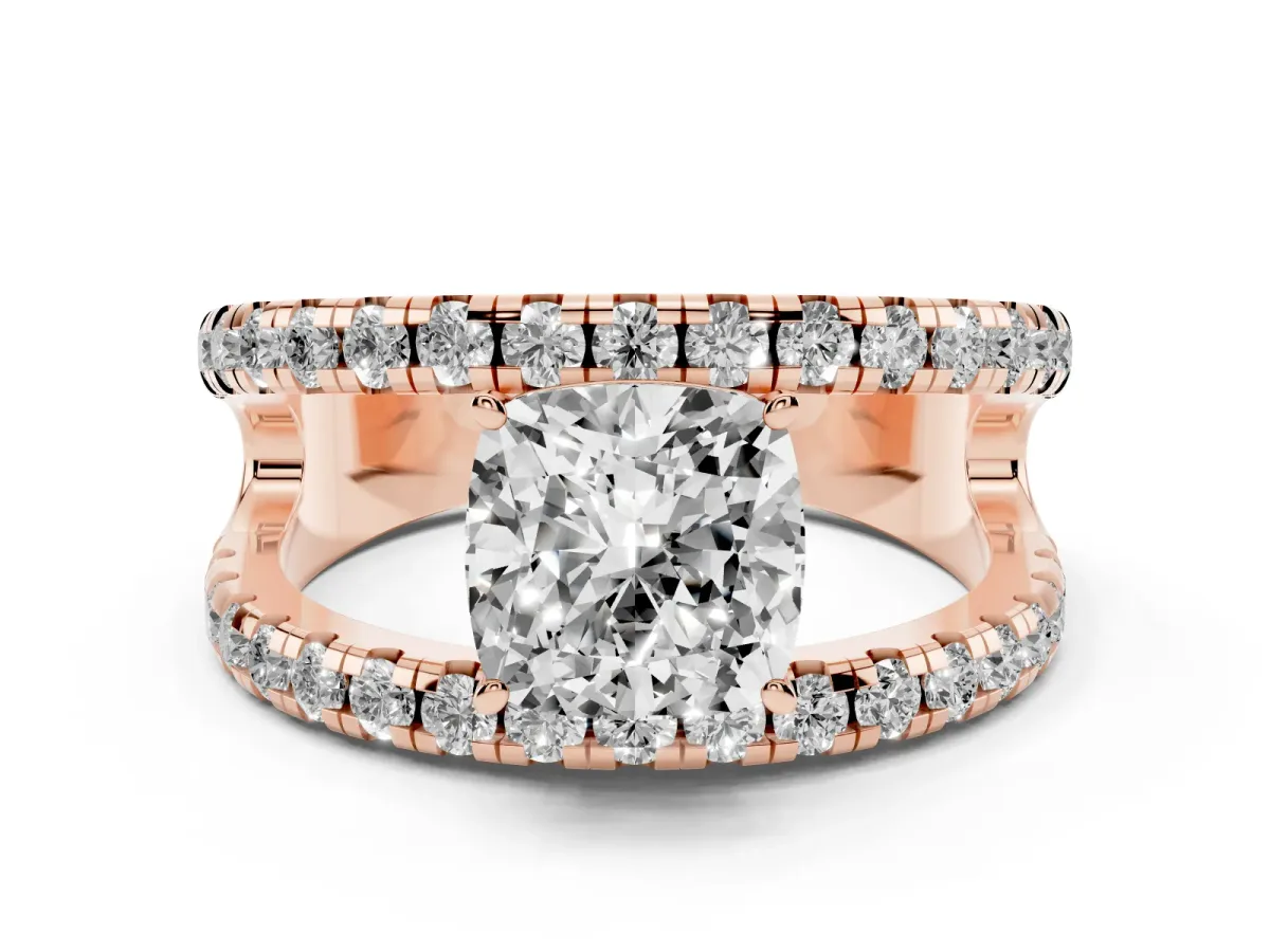 Cushion Cut Diamond Split Shank Pavé Solitaire Ring Set in Rose gold with Open Shank Design