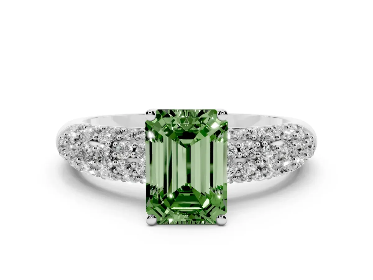 Fancy Green Emerald Cut Diamond Pavé Band Solitaire Ring Set in Platinum with Close-Set Accent Stones and Prong Setting