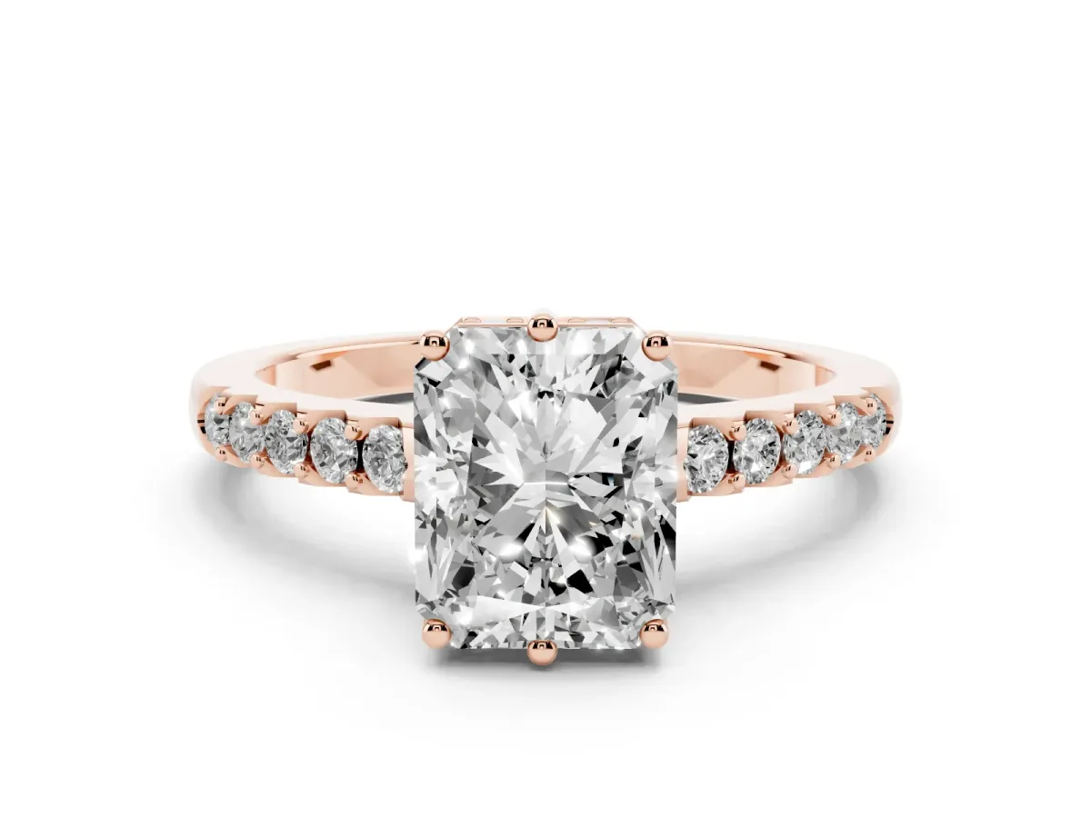 Radiant Cut Diamond Solitaire Engagement Ring Set in Rose gold with Pavé Band and Prong Setting
