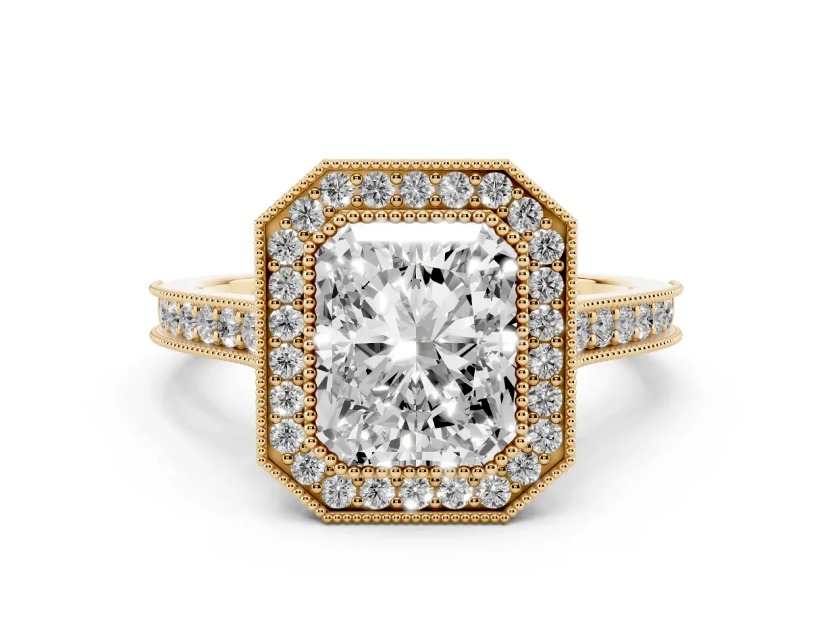 Radiant Cut Diamond Halo Milgrain Pavé Band Ring Set in Yellow gold with Prong Setting