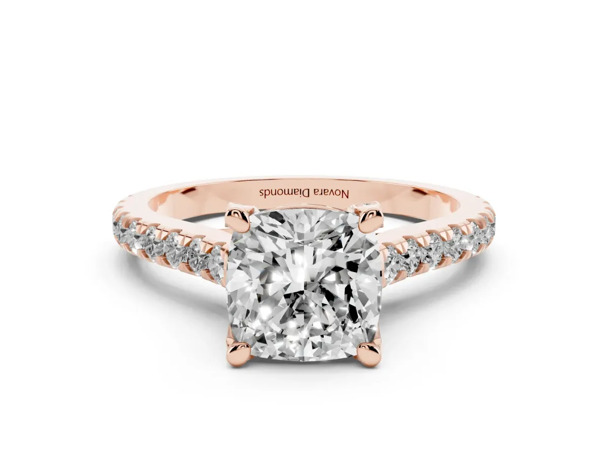 Cushion Cut Diamond Solitaire Ring Set in Rose gold with Brilliant Pavé Band and Prong Setting