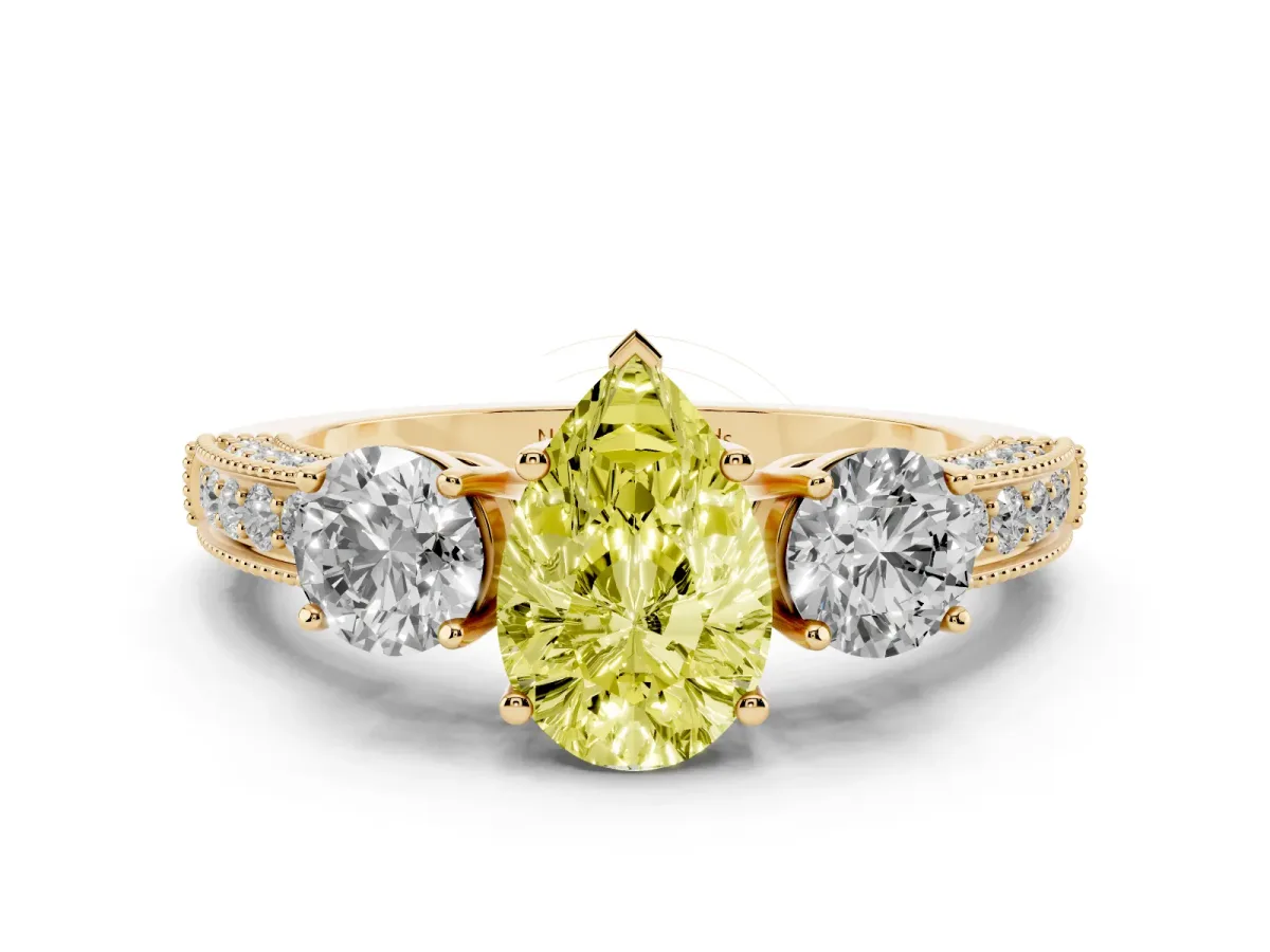 Fancy Yellow Pear Cut Diamond Three-Stone Ring Set in Yellow gold with Round Side Stones and Pavé Band
