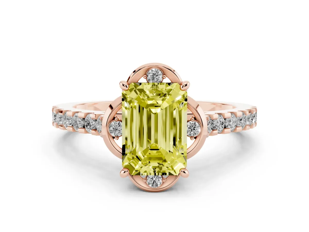 Fancy Yellow Emerald Cut Diamond Solitaire Ring Set in Rose gold with Pavé Band and Floral Prong Setting
