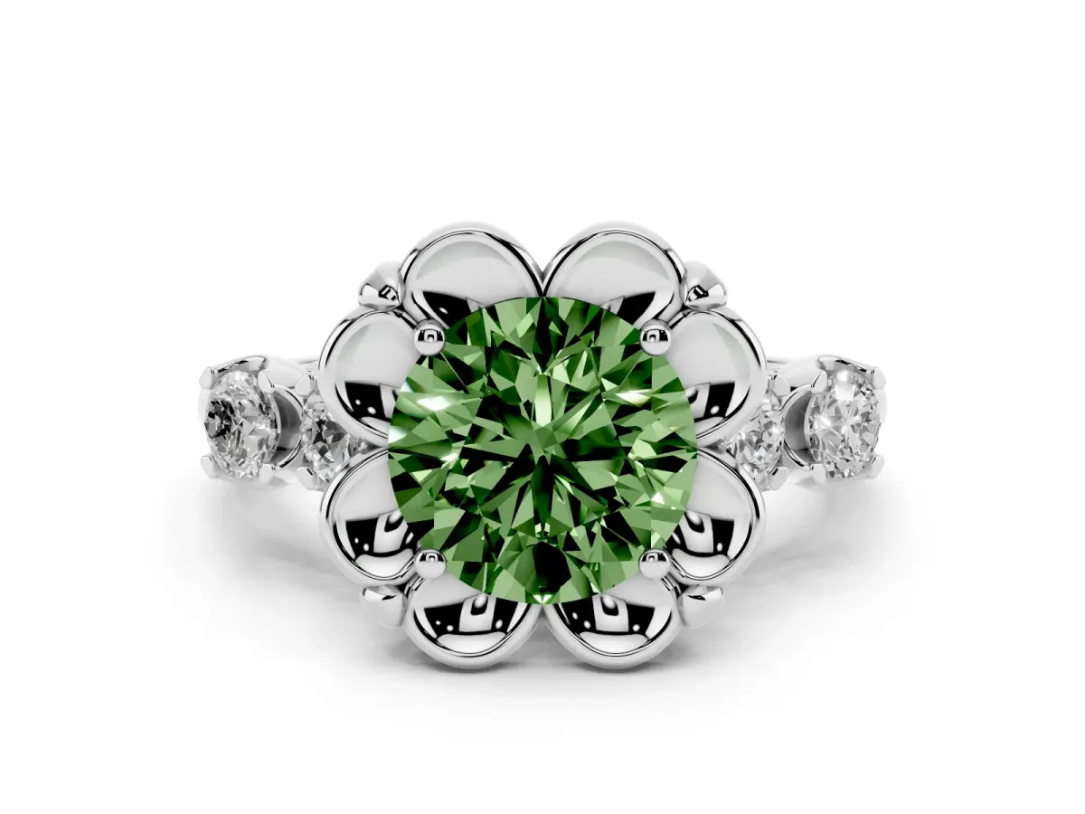 Fancy Green Round Cut Diamond Floral Halo Ring Set in Silver with Shared Prong Band