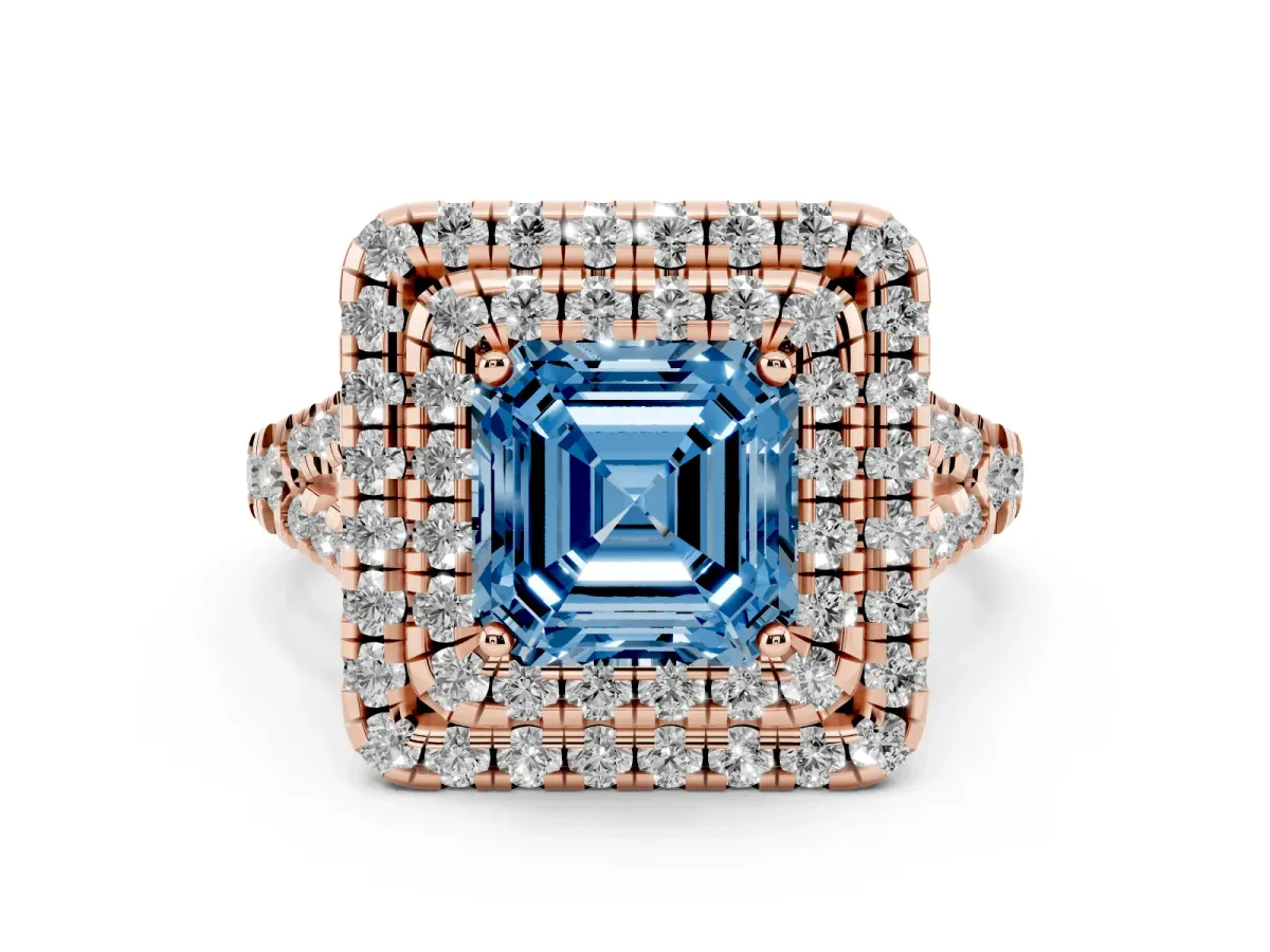 Fancy Blue Asscher Cut Diamond Double Halo Ring Set in Rose gold with Pavé Split Shank and Prong Setting