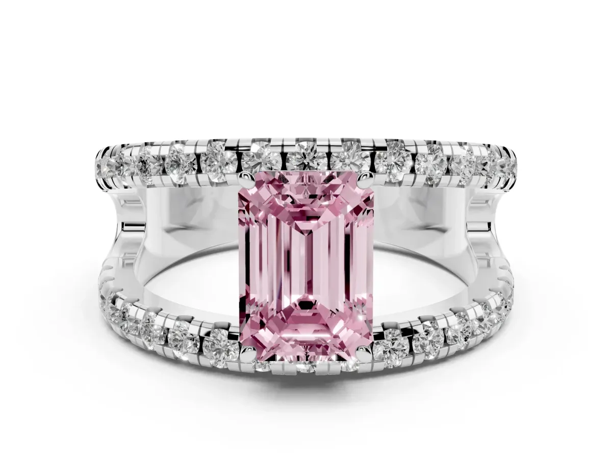 Fancy Pink Emerald Cut Diamond Split Shank Pavé Solitaire Ring Set in Silver with Open Shank Design