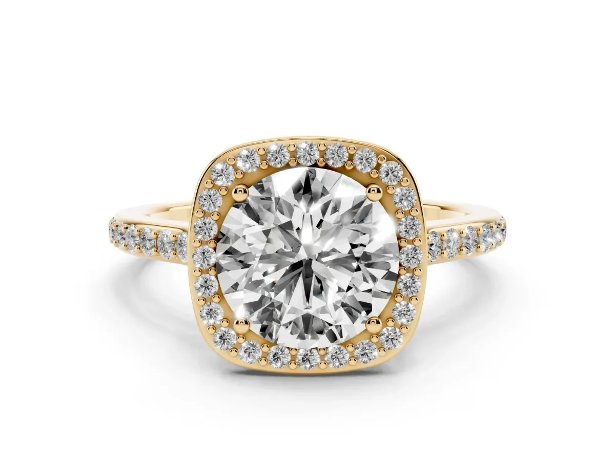 Round Cut Diamond Halo Engagement Ring Set in Yellow gold with Round Pavé Shoulders and Heart Gallery