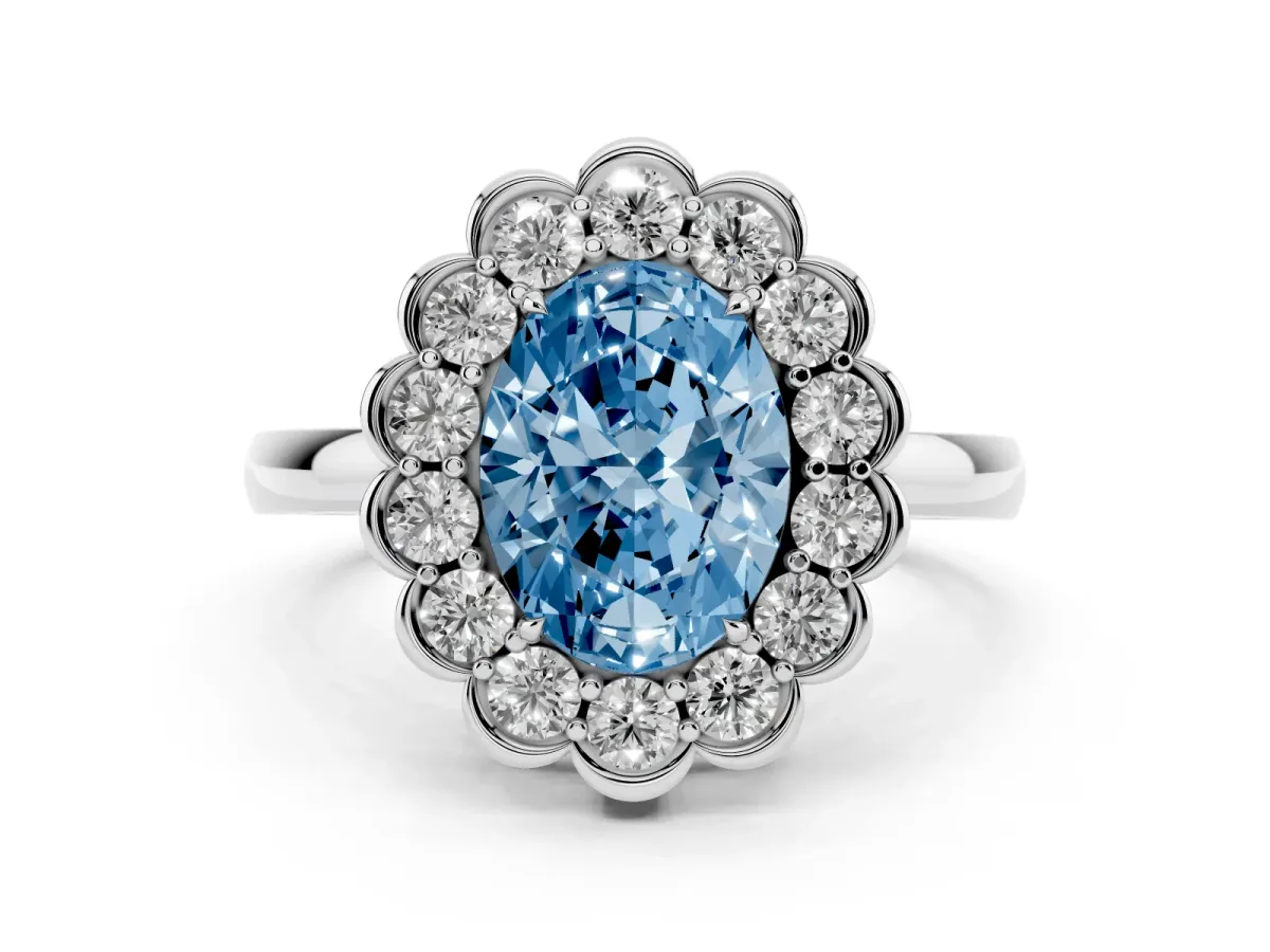 Fancy Blue Oval Cut Diamond Halo Cluster Engagement Ring Set in Platinum with Solitaire Band and Prong Setting