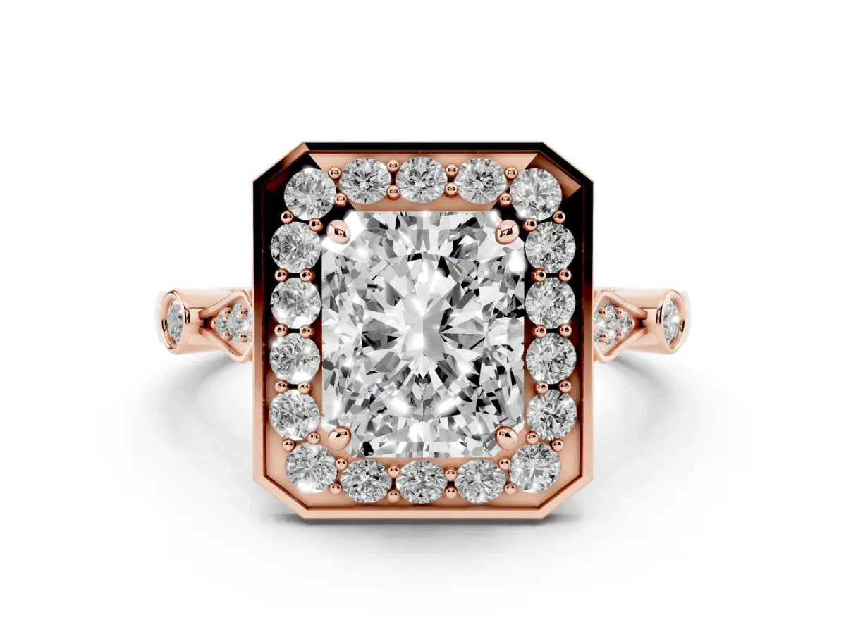 Radiant Cut Diamond Halo Engagement Ring Set in Rose gold with Twisted Band and Prong Setting
