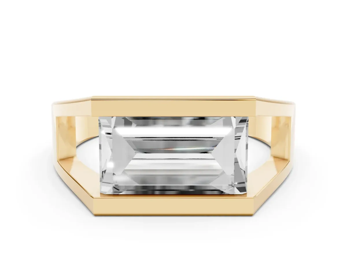 Baguette Diamond Geometric Solitaire Ring Set in Yellow gold with Open Sides