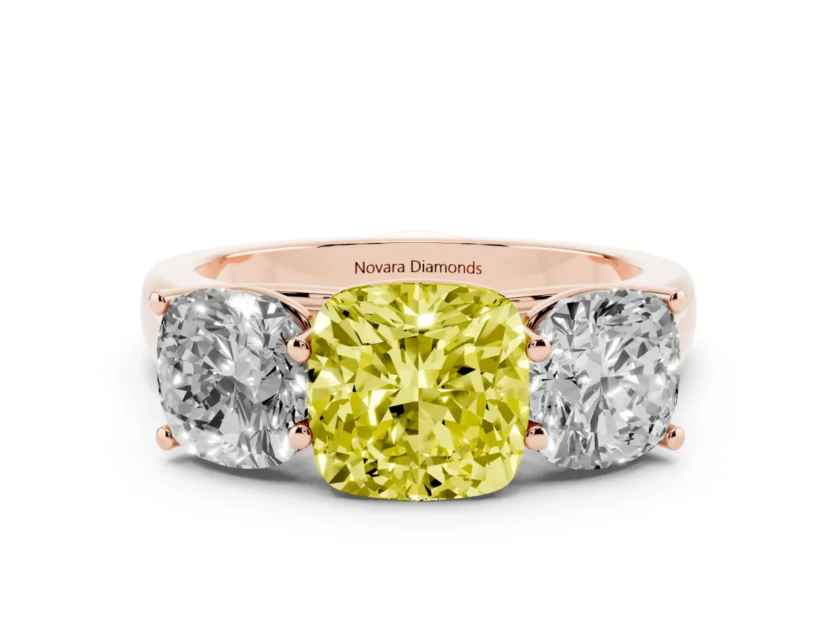 Fancy Yellow Cushion Cut Diamond Three-Stone Ring Set in Rose gold with Plain Polished Band