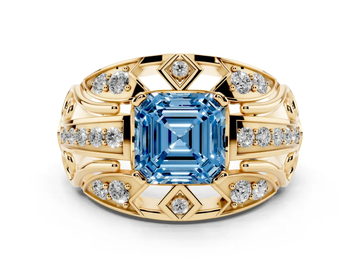 Fancy Blue Asscher Cut Diamond Art Deco Ring Set in Yellow gold with Pavé Split Shank