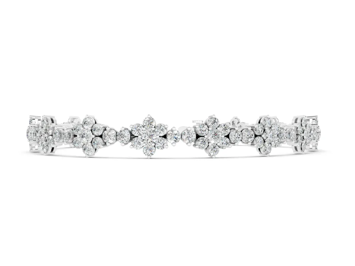 Round Diamond Floral Cluster Tennis Bracelet Set in White gold with Prong Setting