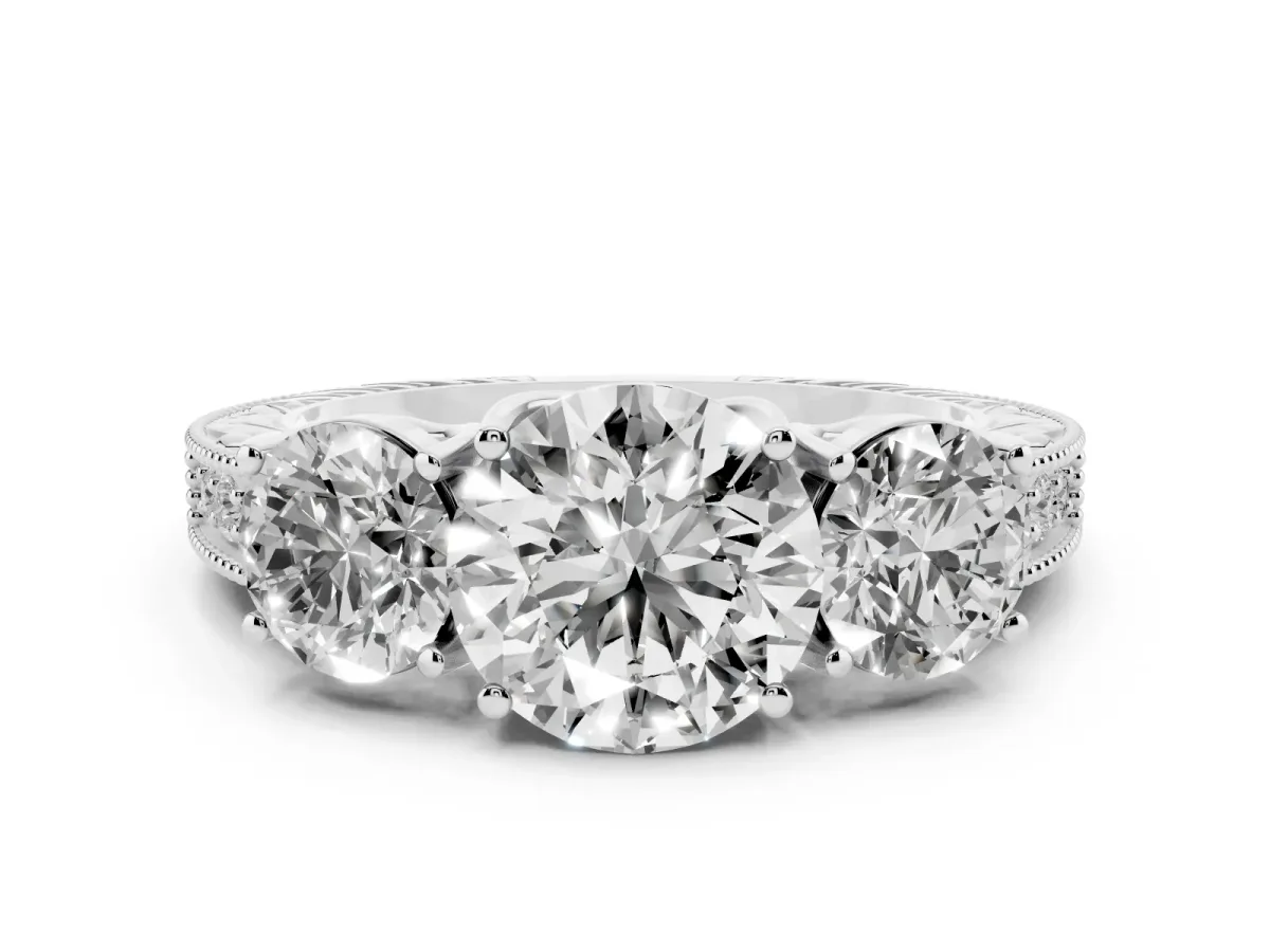 Round Cut Diamond Three-Stone Engagement Ring Set in White gold with Milgrain Pavé Band