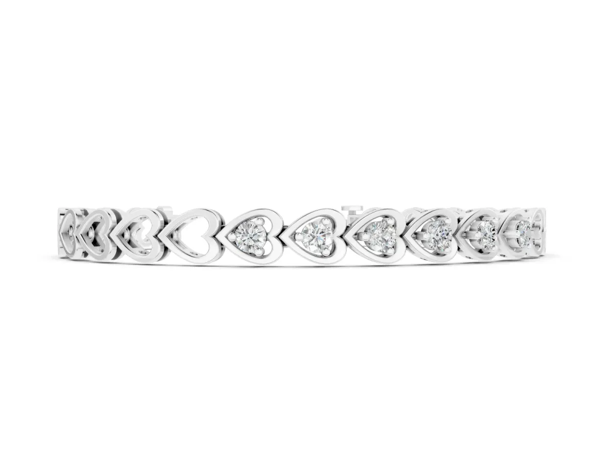 Round Cut Diamond Heart Link Tennis Bracelet Set in White gold with Bezel Setting