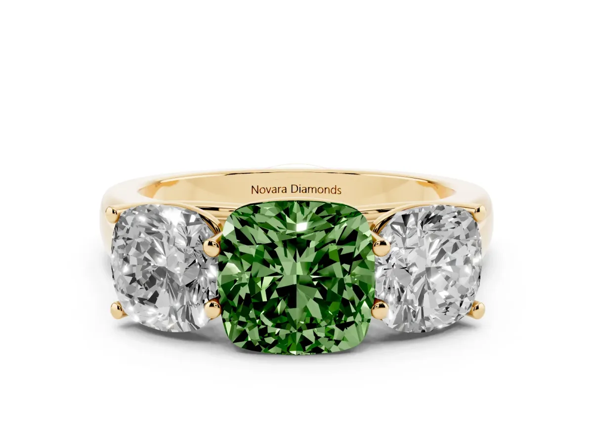 Fancy Green Cushion Cut Diamond Three-Stone Ring Set in Yellow gold with Plain Polished Band