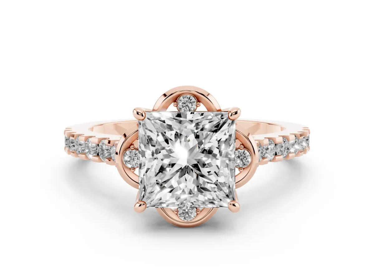 Princess Cut Diamond Solitaire Ring Set in Rose gold with Pavé Band and Floral Prong Setting