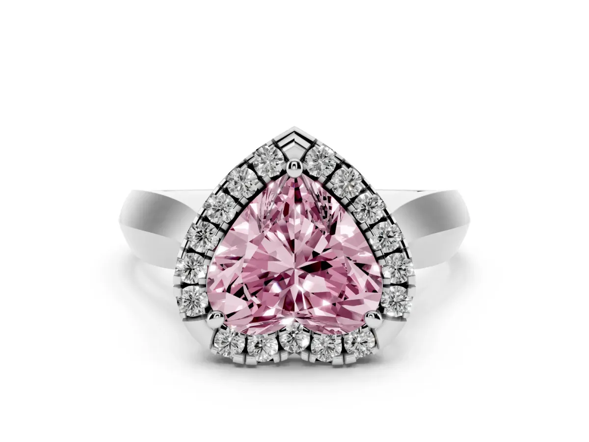 Fancy Pink Heart Cut Diamond Halo Solitaire Engagement Ring Set in Platinum with Square Band and Prong Setting