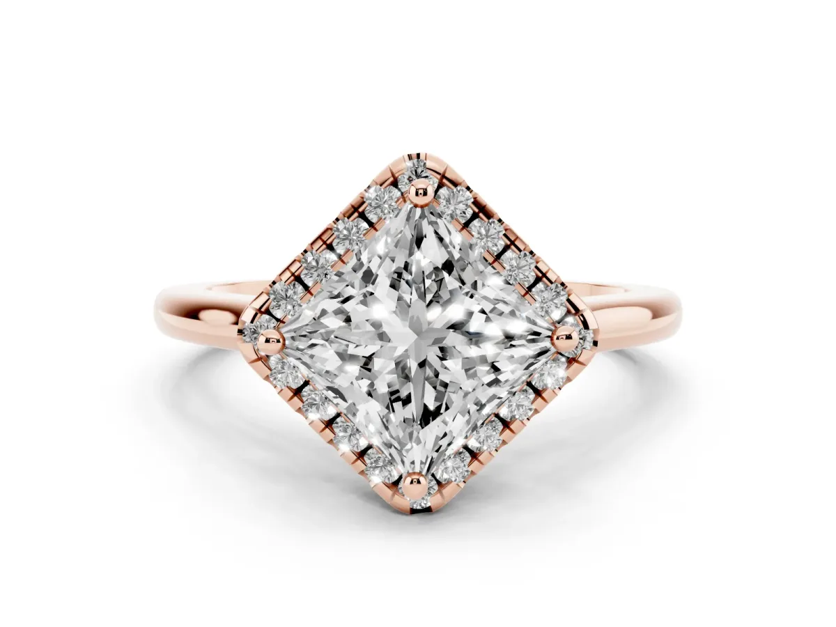 Princess Cut Diamond Halo Engagement Ring Set in Rose gold with Pavé Band and Rising Shoulders