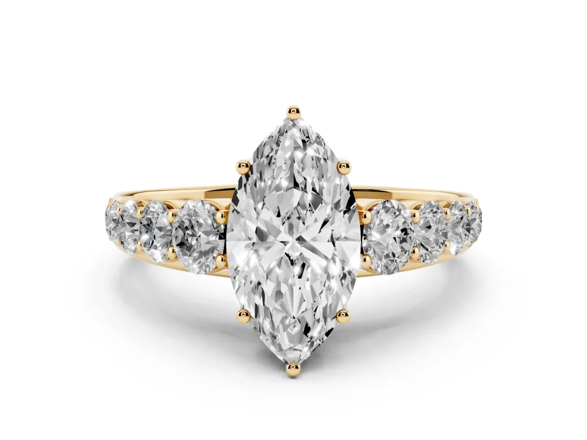 Marquise Cut Diamond Solitaire Ring Set in Yellow gold with Pavé-Set Band and Prong Setting