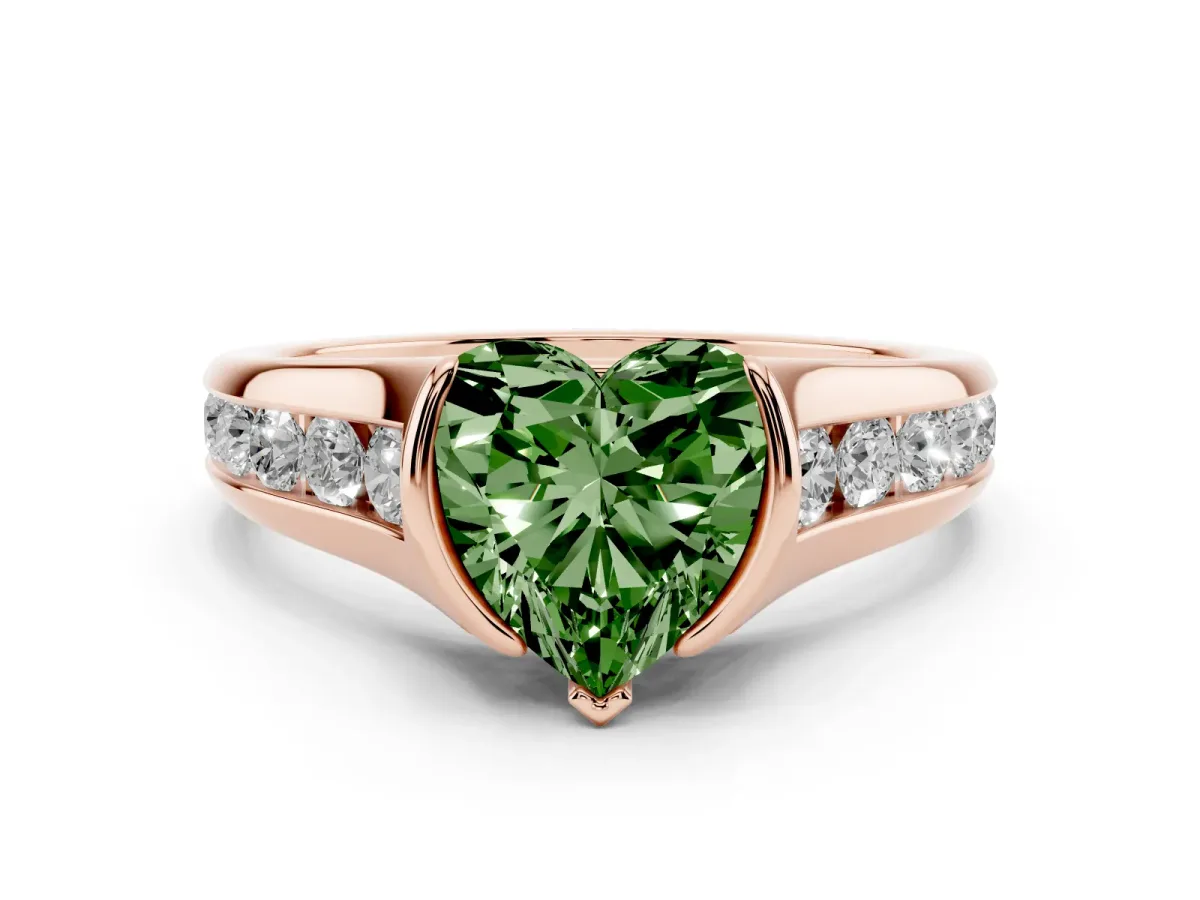 Fancy Green Heart Cut Diamond Bezel-Set Solitaire Ring Set in Rose gold with Channel-Set Band